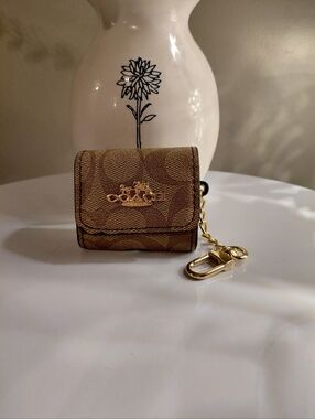 Coach Brown Signature Mini Key & Card Airpod Holder with Gold Hardware